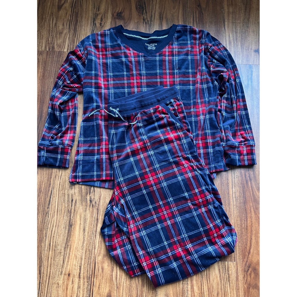 Nautica Pajama Set Women XXL Red Blue Plaid Excellent Velour Fleece Sleepwear